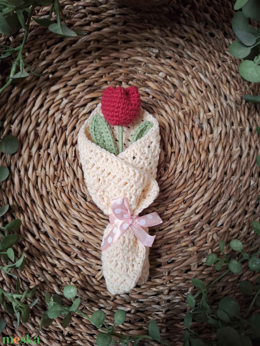 Horgolt mini virágcsokor  - piros tulipán - otthon & életmód - dekoráció - Meska.hu