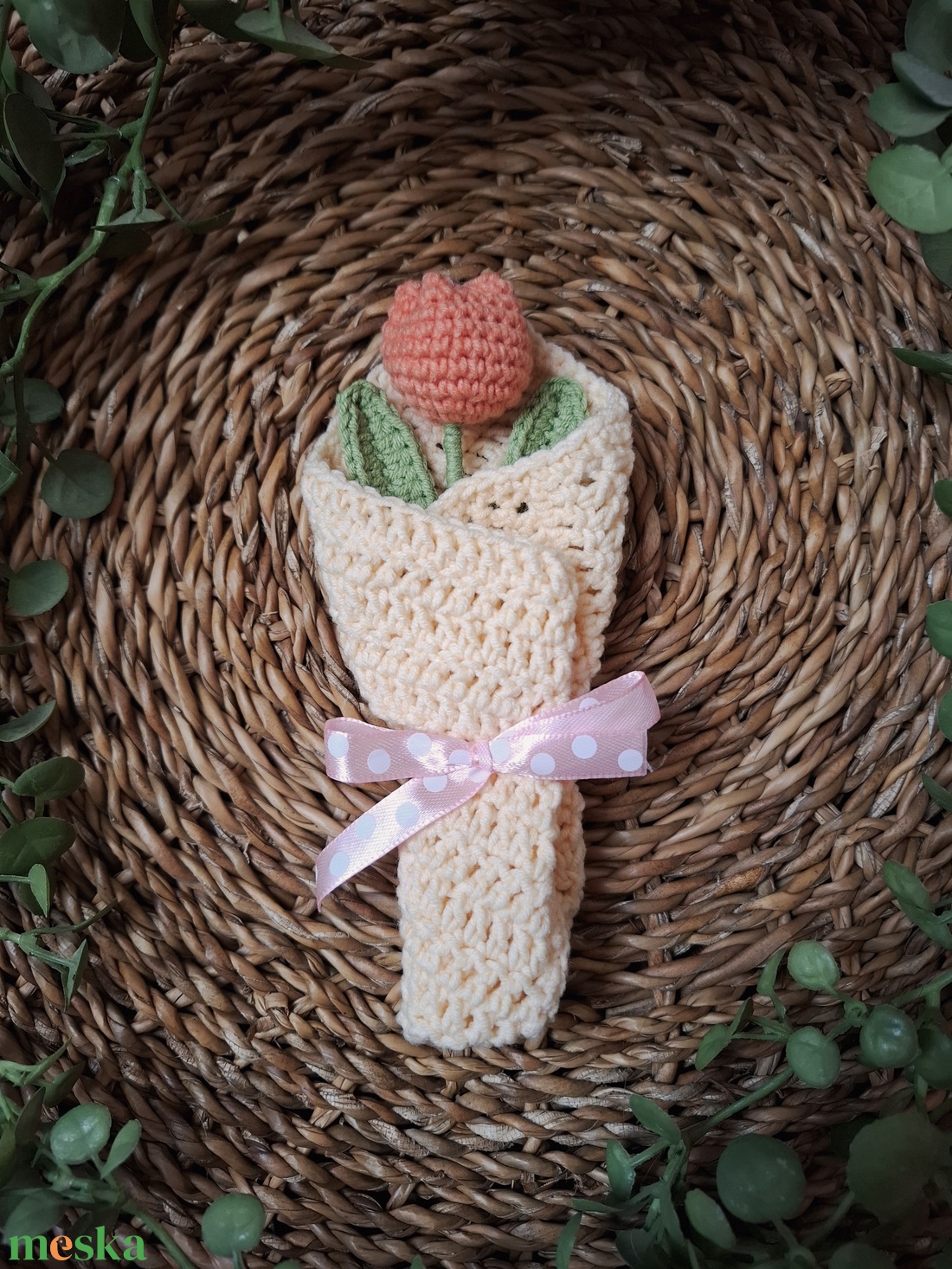 Horgolt mini virágcsokor  - barack tulipán - otthon & életmód - dekoráció - Meska.hu