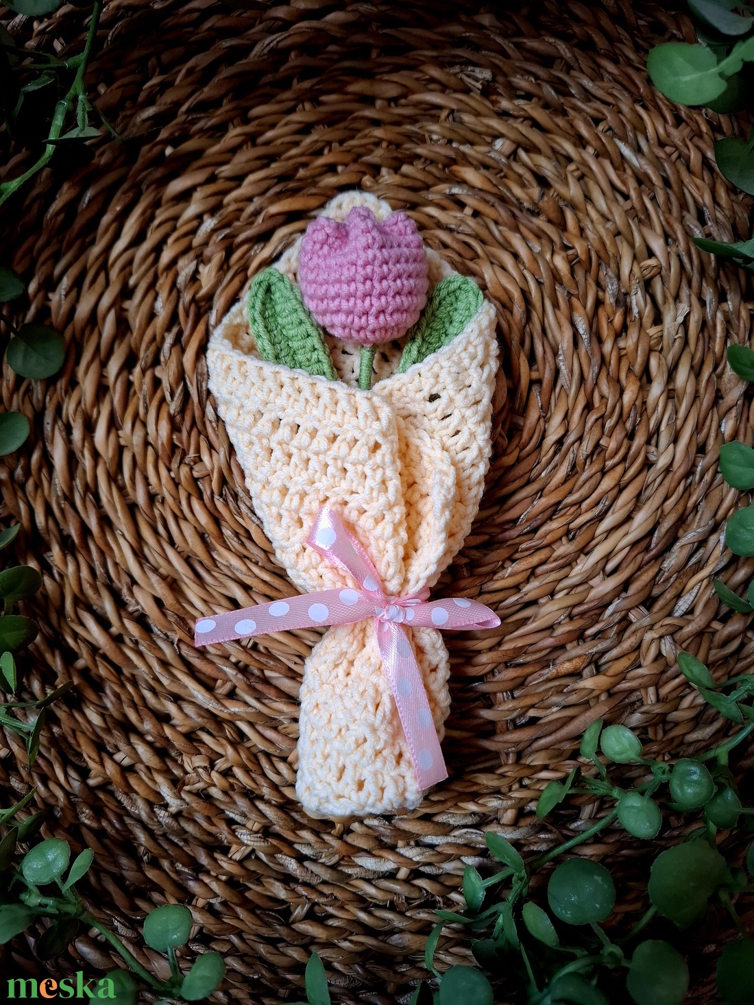 Horgolt mini virágcsokor  - rózsaszínszín tulipán - otthon & életmód - dekoráció - Meska.hu