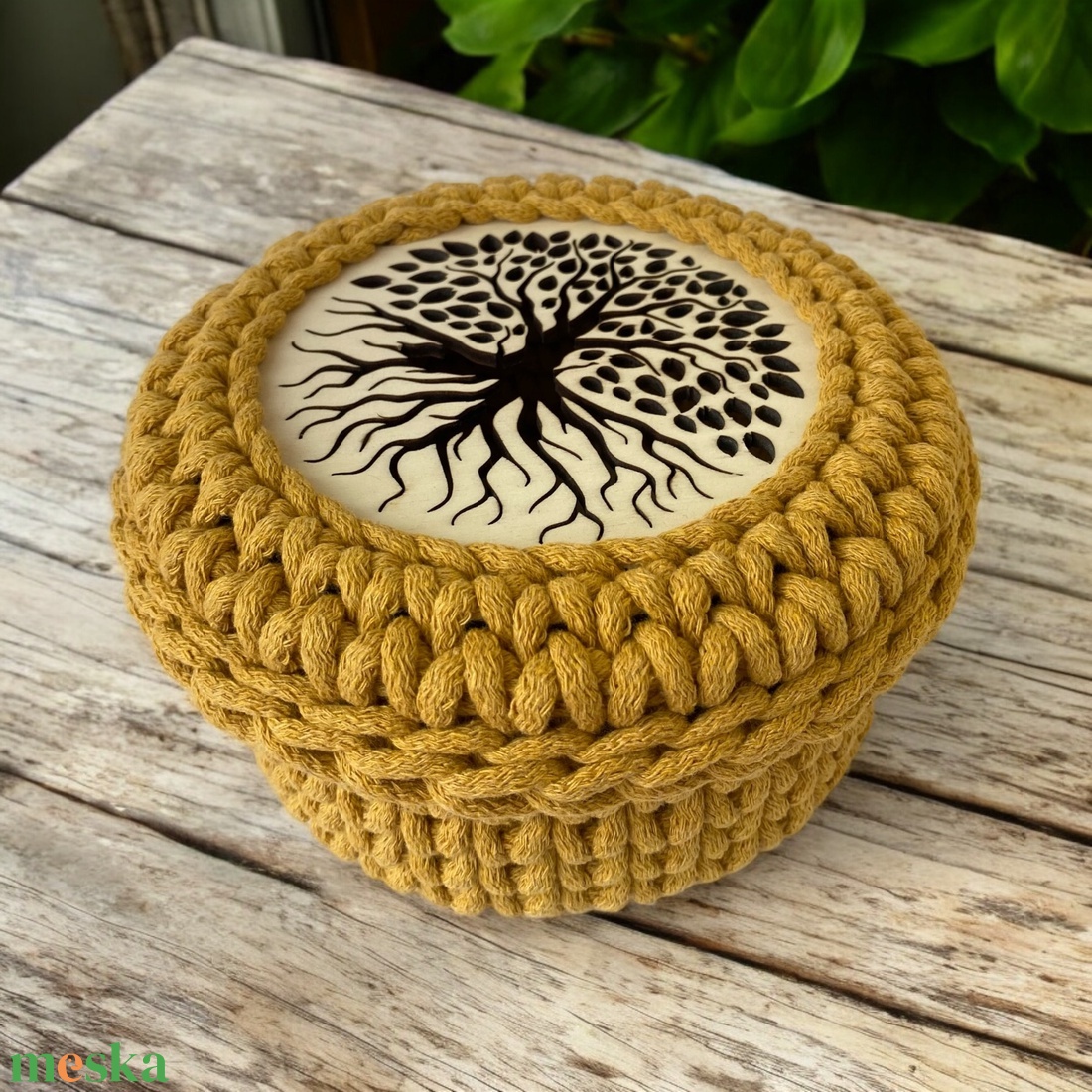 Horgolt tároló, kosár - mustár - otthon & életmód - tárolás & rendszerezés - tárolókosár - Meska.hu