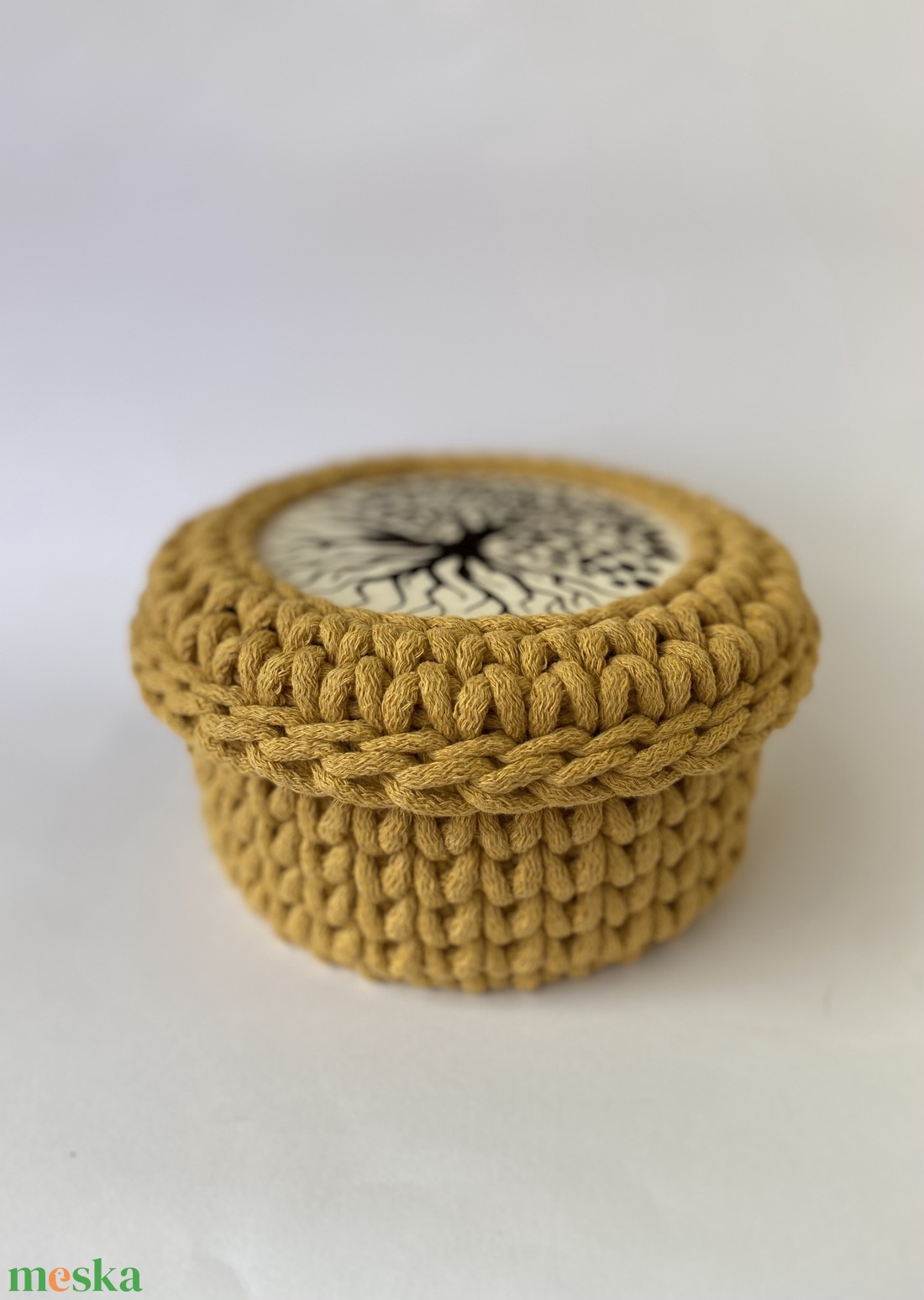 Horgolt tároló, kosár - mustár - otthon & életmód - tárolás & rendszerezés - tárolókosár - Meska.hu