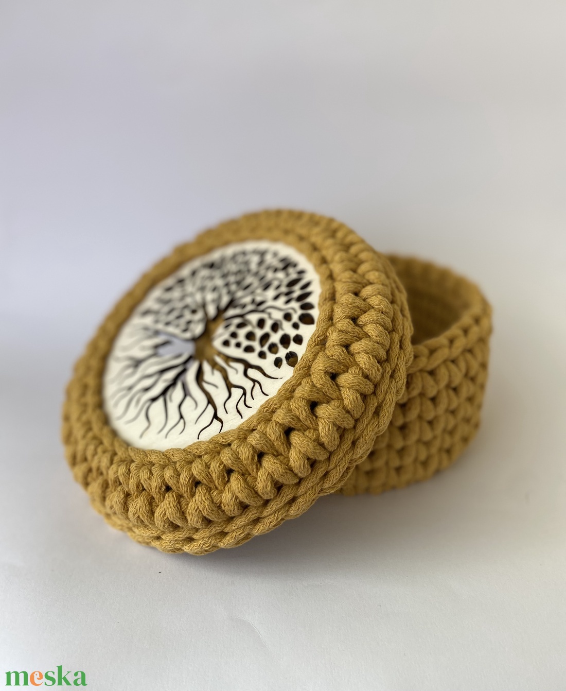 Horgolt tároló, kosár - mustár - otthon & életmód - tárolás & rendszerezés - tárolókosár - Meska.hu