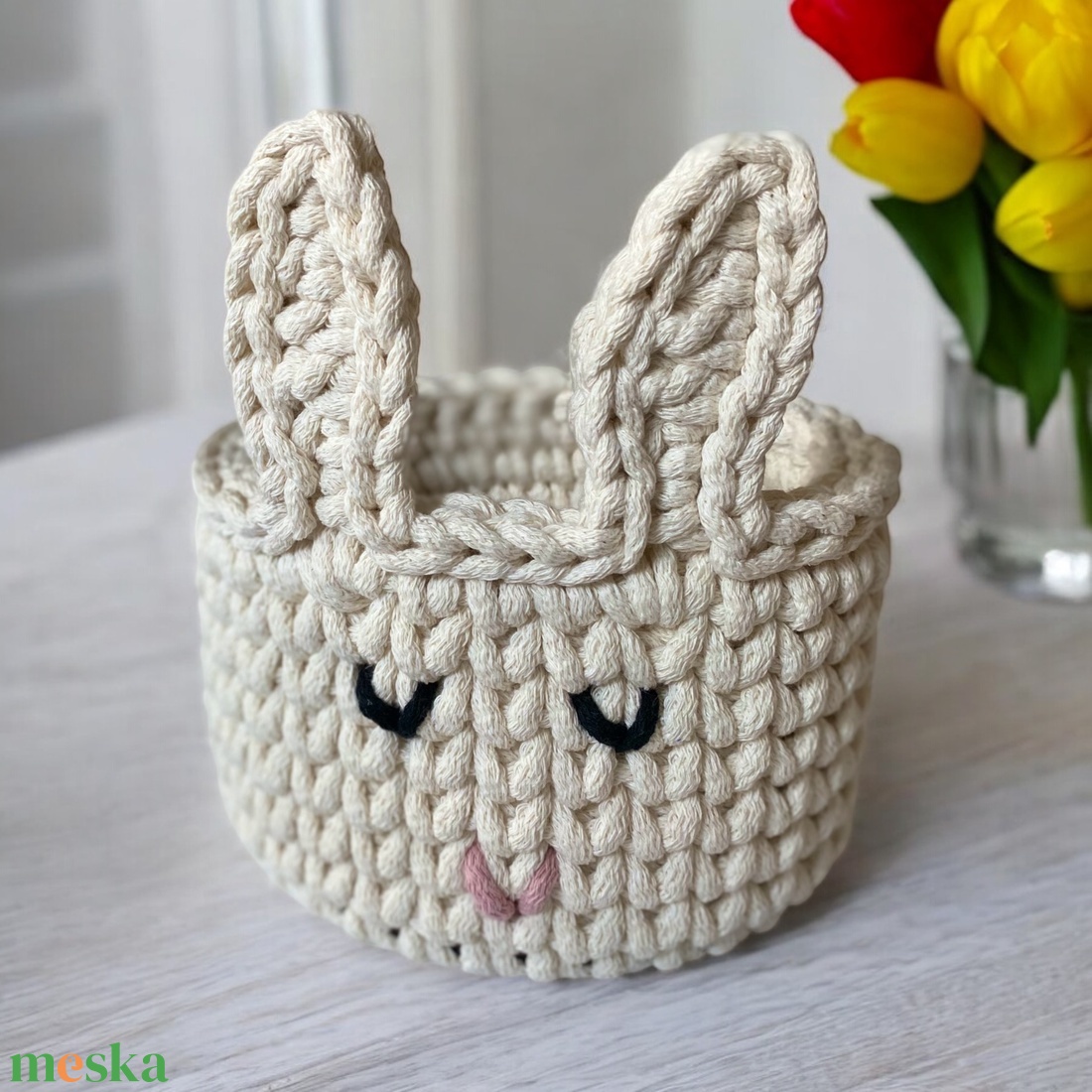 Horgolt nyuszi tároló d15 - ekrü - otthon & életmód - tárolás & rendszerezés - tárolókosár - Meska.hu