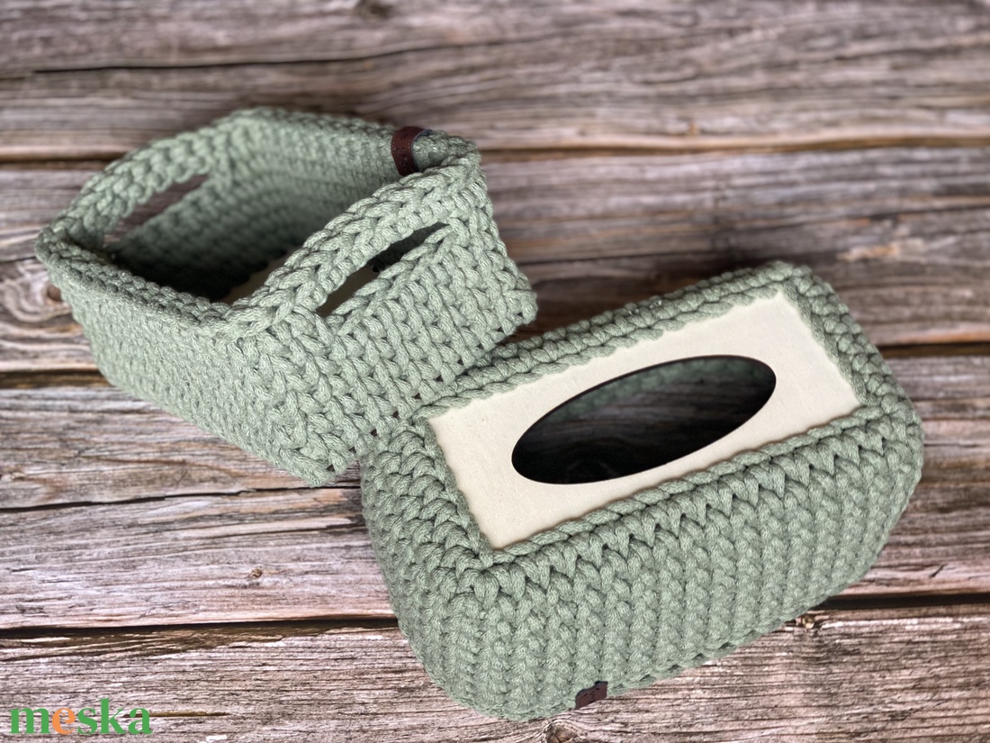 Horgolt tároló szett (2 darabos) - zsálya - otthon & életmód - tárolás & rendszerezés - tárolókosár - Meska.hu