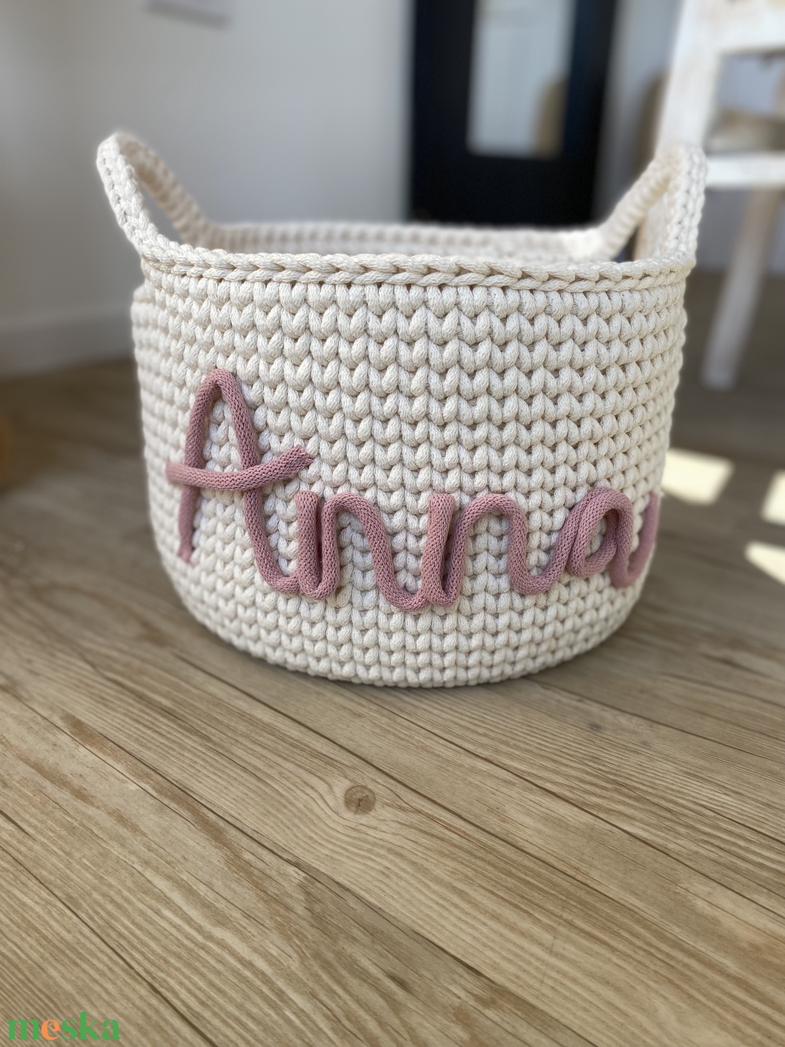 Egyedi feliratos, horgolt tároló, kosár - ekrü - otthon & életmód - tárolás & rendszerezés - tárolókosár - Meska.hu
