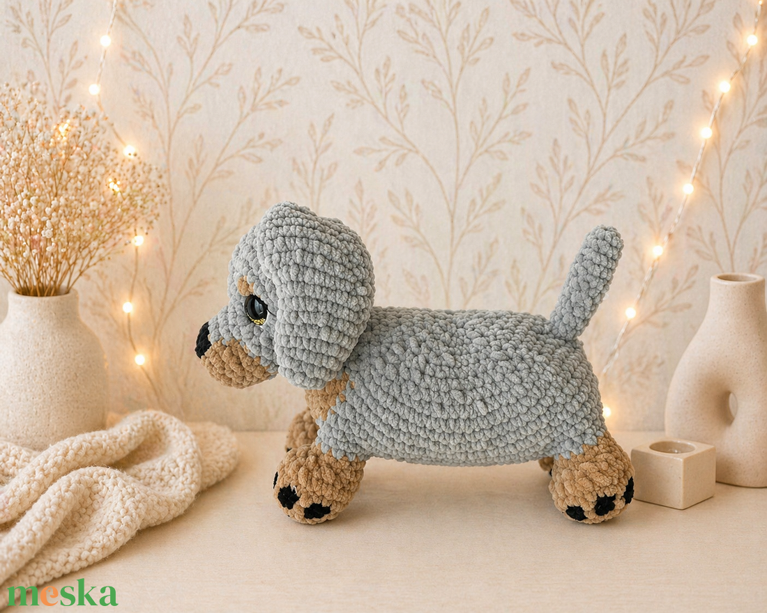 Horgolt szürke tacskó plüss amigurumi - játék & sport - plüssállat & játékfigura - kutya - Meska.hu