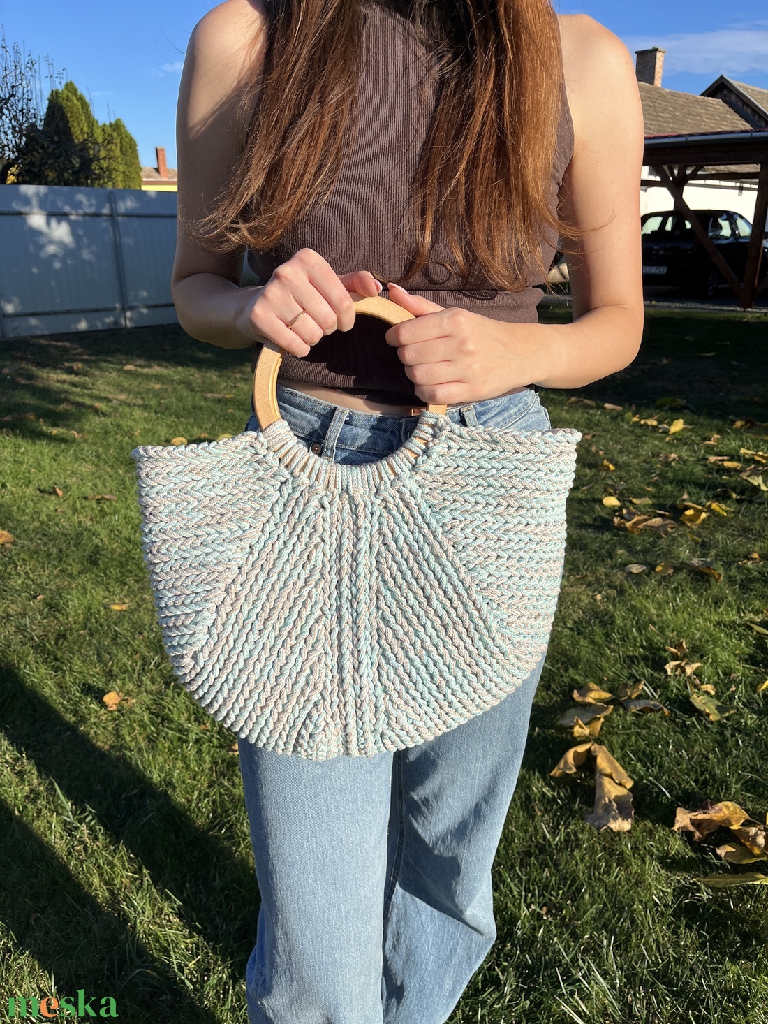 Horgolt kosár táska fa táskafogóval � kézzel készült, egyedi darab - táska & tok - kézitáska & válltáska - nagy pakolós táska - Meska.hu