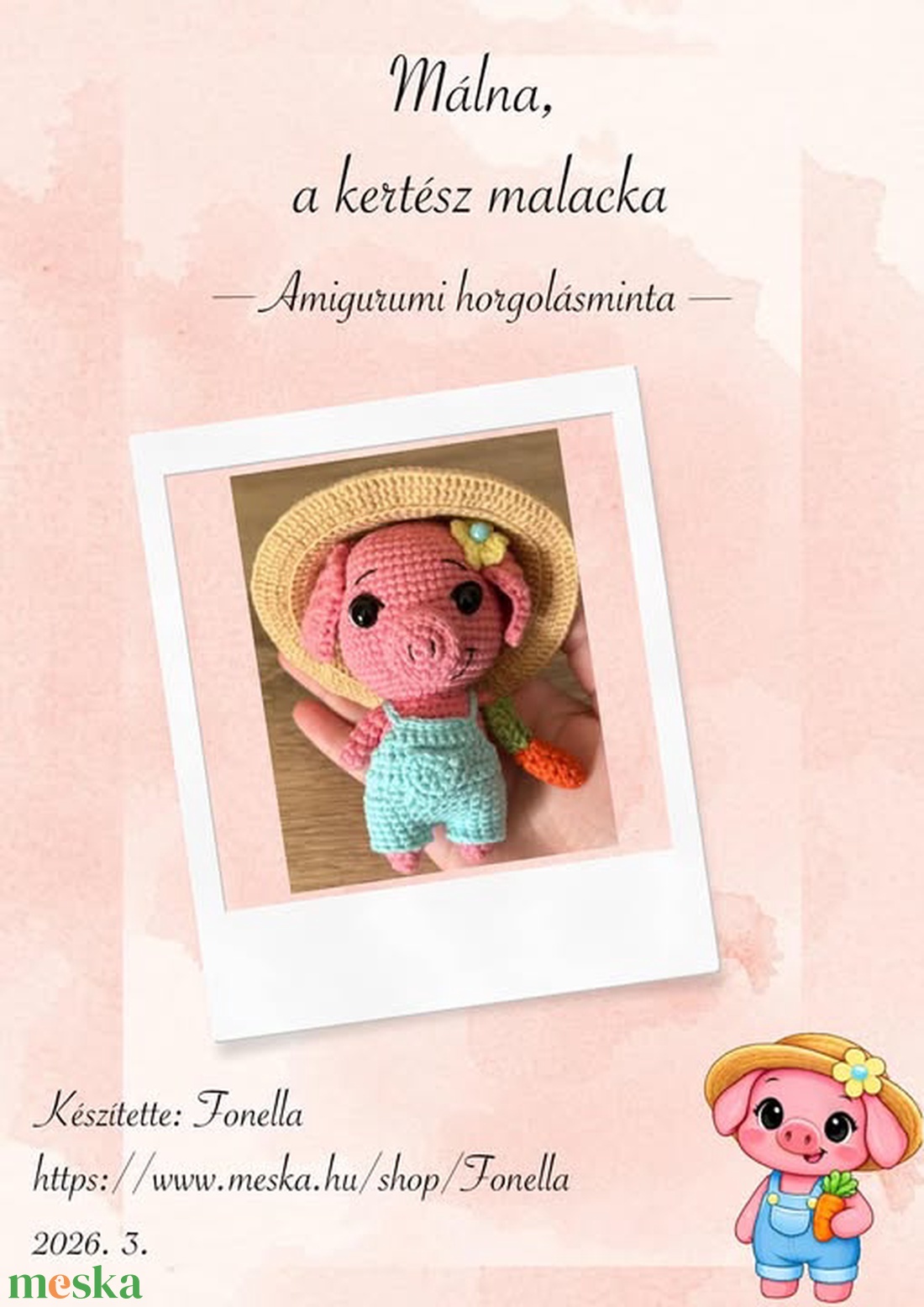 Málna, a kertész malacka - amigurumi horgolásminta - diy (csináld magad) - szabásminta, útmutató - horgolási minta - Meska.hu