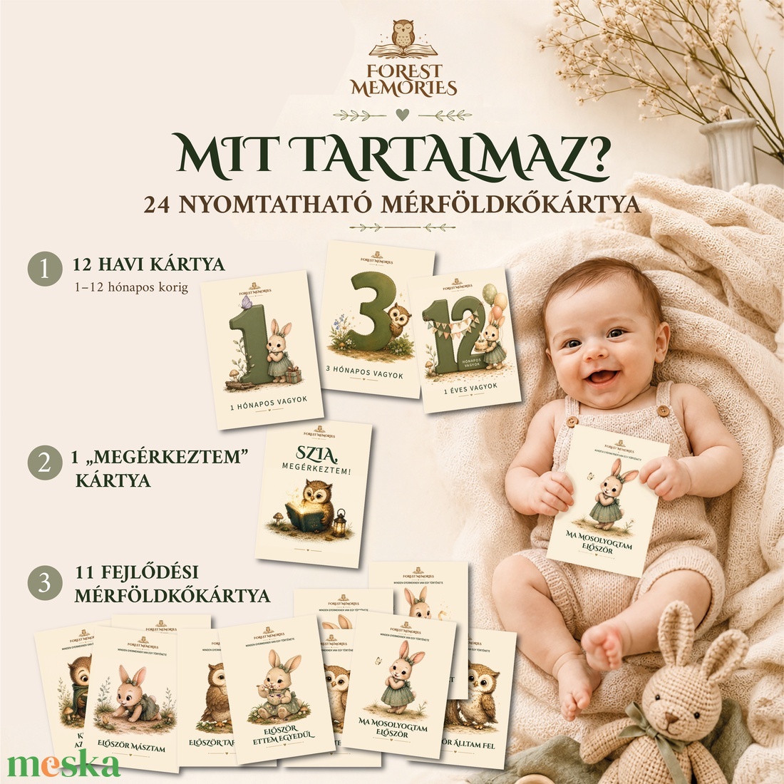 Baba mérföldkőkártyák � 24 nyomtatható emlékkártya, 1�12 hónap és első mérföldkövek � Digitális PDF - baba - mama - babafotózás - baba mérföldkő kártyák - Meska.hu