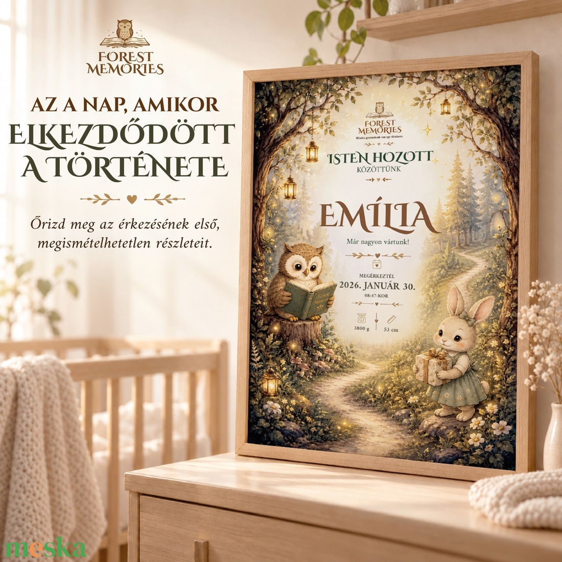 Személyre szabott születési poszter és köszöntő oklevél � Erdei babaköszöntő � Digitális PDF - baba - mama - babaszoba dekoráció - babaposzter - Meska.hu