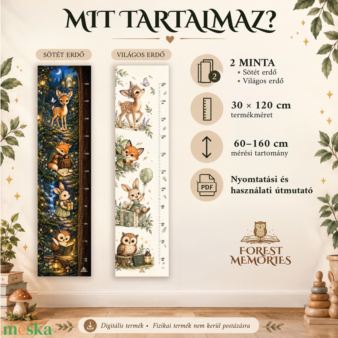 Erdei magasságmérő gyerekeknek � 2 mintával � Nyomtatható PDF, 30 � 120 cm - baba - mama - babaszoba dekoráció - magasságmérő - Meska.hu