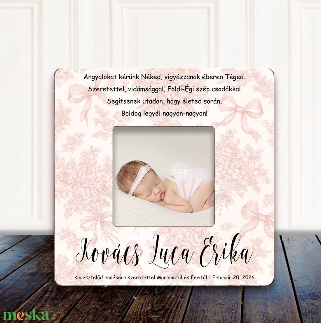 Halvány rózsaszín, Masni mintás fényképkeret idézettel keresztelőre � finom, elegáns babaszoba dekoráció - baba - mama - keresztelő kellékek - keresztelőajándékok - Meska.hu