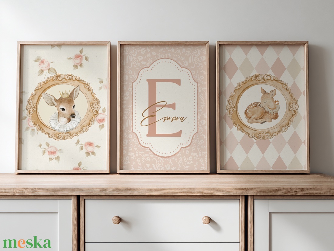 Névreszóló őzikés kollekció, cottagecore stílusú elegáns gyerekszoba falikép szett - otthon & életmód - dekoráció - kép & falikép - több részes kép - Meska.hu