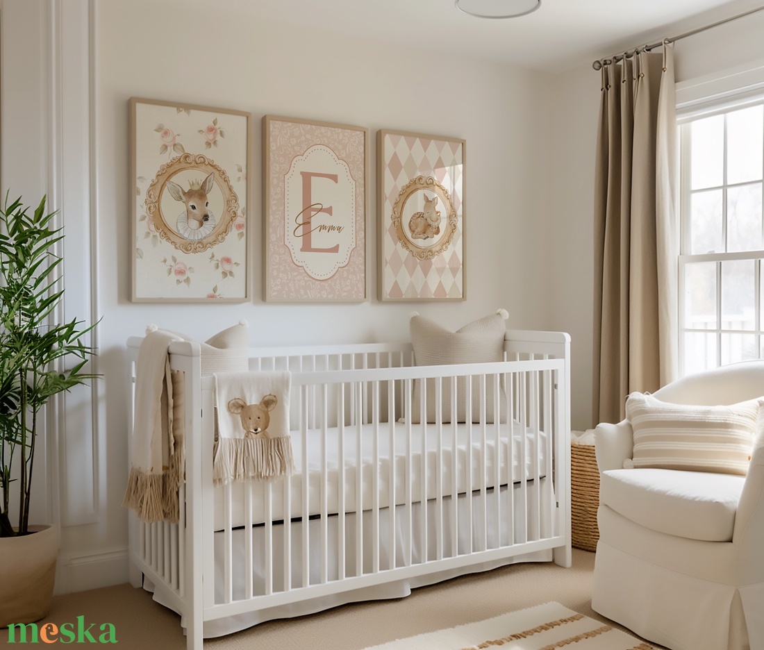 Névreszóló őzikés kollekció, cottagecore stílusú elegáns gyerekszoba falikép szett - otthon & életmód - dekoráció - kép & falikép - több részes kép - Meska.hu