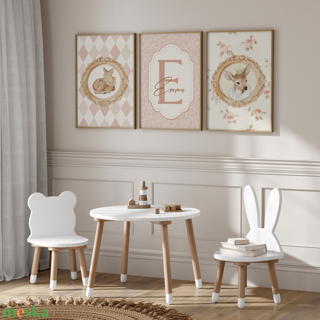 Névreszóló őzikés kollekció, cottagecore stílusú elegáns gyerekszoba falikép szett - otthon & életmód - dekoráció - kép & falikép - több részes kép - Meska.hu