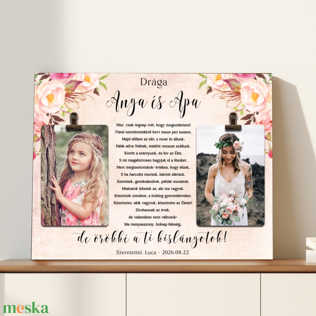 Szülőköszöntő ajándék esküvőre - Egyedi, Akkor és Most fotós plakett Anyának és Apának - Blush Pink esküvő - esküvő - emlék & ajándék - szülőköszöntő ajándék - Meska.hu