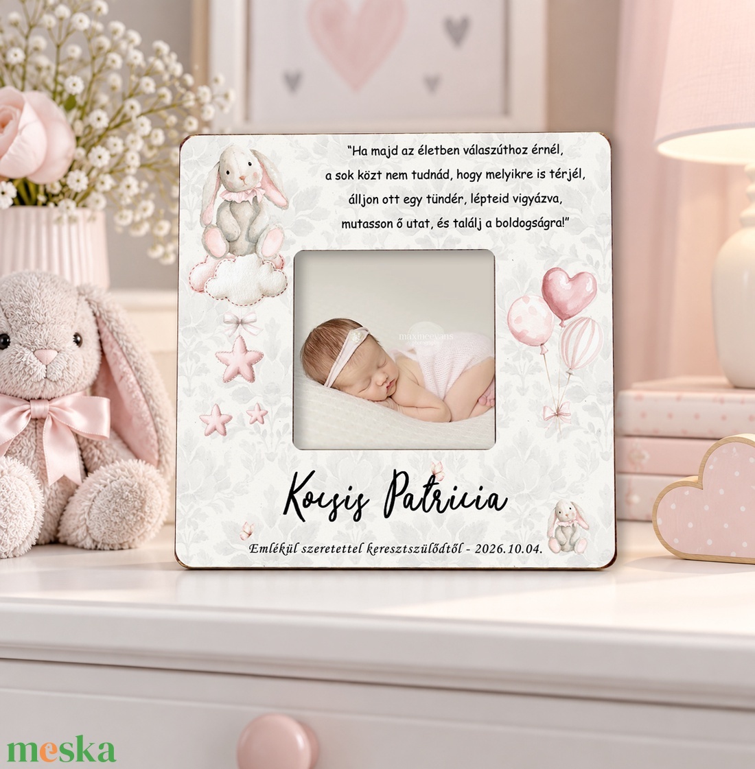 Keresztelő ajándék kislánynak � Nyuszi mintás fényképkeret idézettel - aranyos emlék babának és a családnak - baba - mama - keresztelő kellékek - keresztelőajándékok - Meska.hu