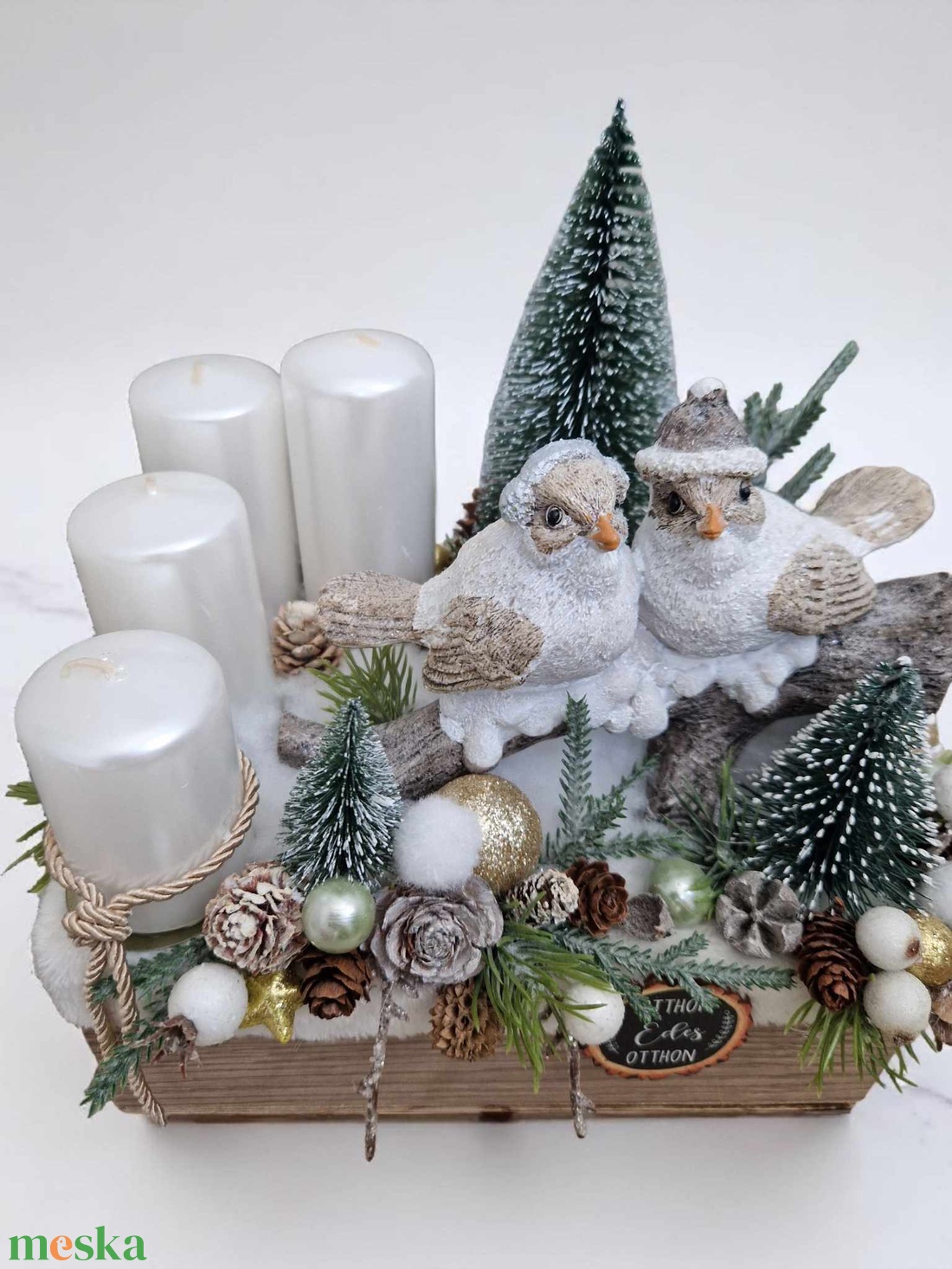 Adventi Asztaldísz fa ládában - Madárkák - karácsony - adventi díszek - adventi koszorú - Meska.hu
