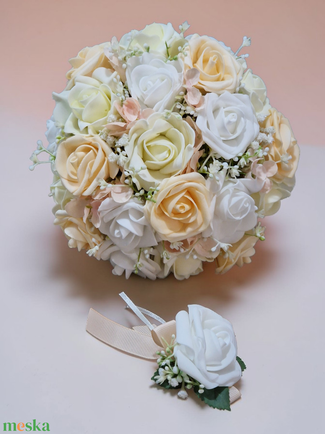 Romantikus menyasszonyi csokor polifoam rózsákból � vőlegény kitűzővel � több színben rendelhető - esküvő - menyasszonyi- és dobócsokor - Meska.hu