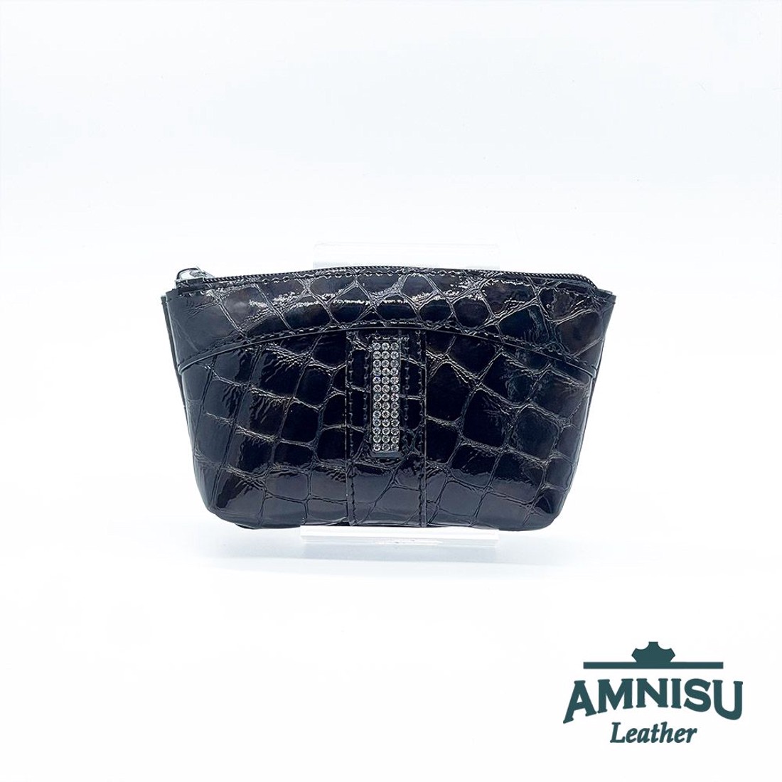 Sötétbarna lakk krokkómintás egy cipzáras egyenes swarovski köves kulcstartó E9019 -  - Meska.hu