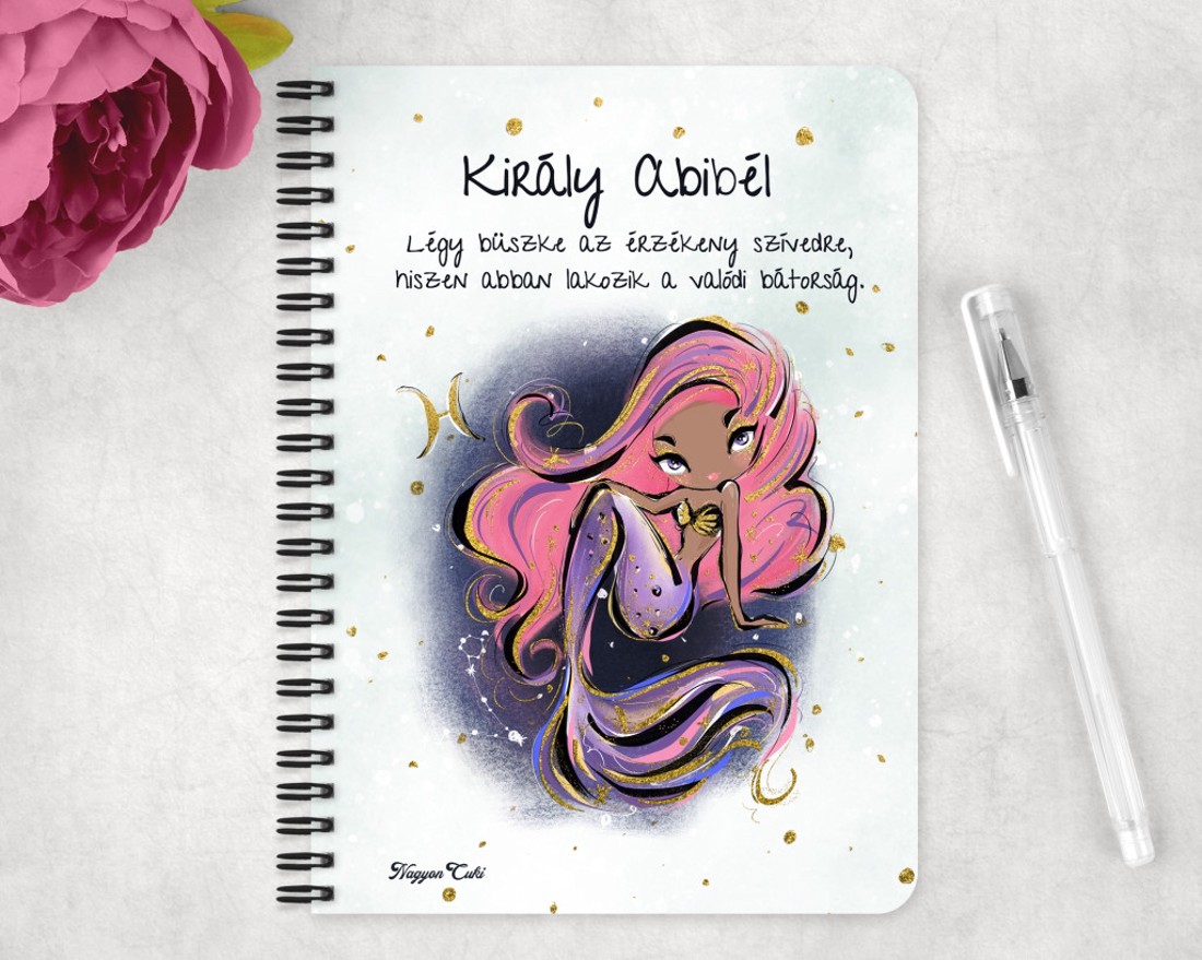 Személyre szabható - Rózsaszín hajú Csini Halak lány mintás A5-ös füzet - otthon & életmód - papír, írószer - jegyzetfüzet & napló - Meska.hu