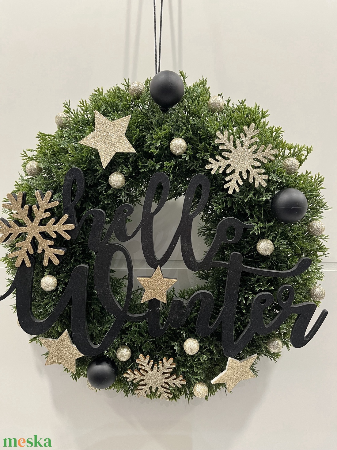 Fekete-arany, Hello Winter kopogtató - karácsony - adventi díszek - adventi ajtódísz - Meska.hu