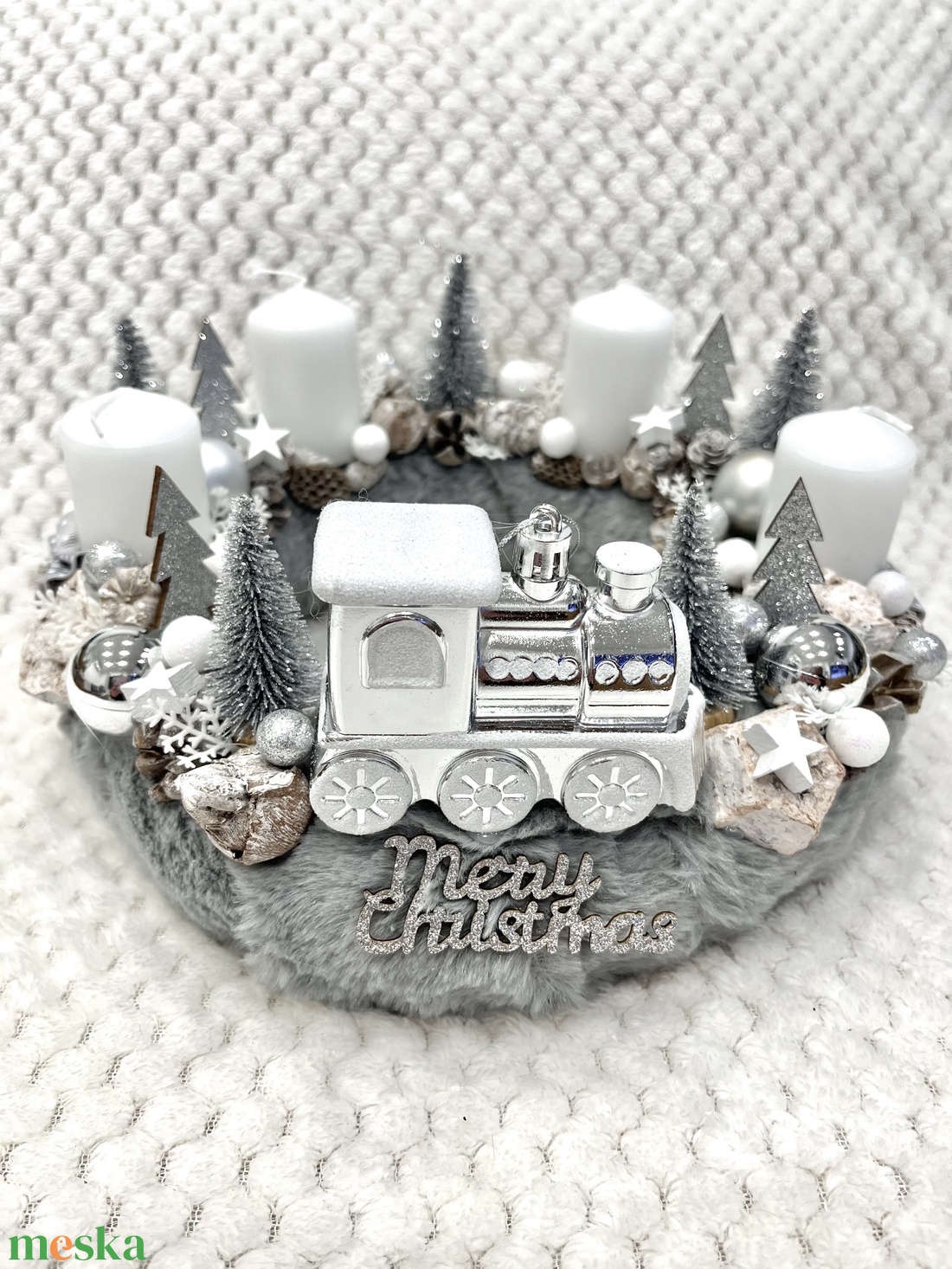 Ezüst mozdonyos adventi koszorú - karácsony - adventi díszek - adventi koszorú - Meska.hu