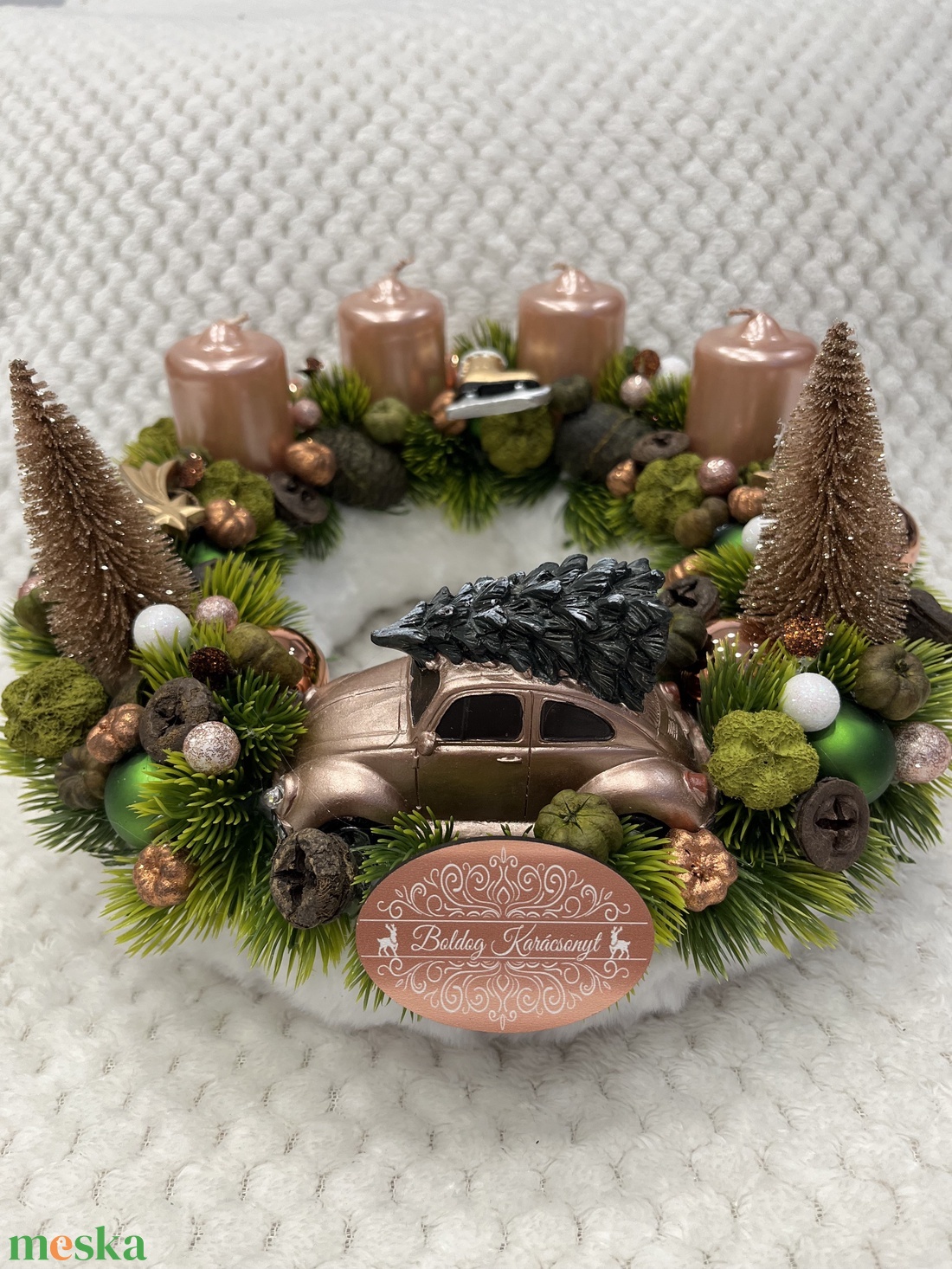 Bron-zöld, kisautós adventi koszorú - karácsony - adventi díszek - adventi koszorú - Meska.hu
