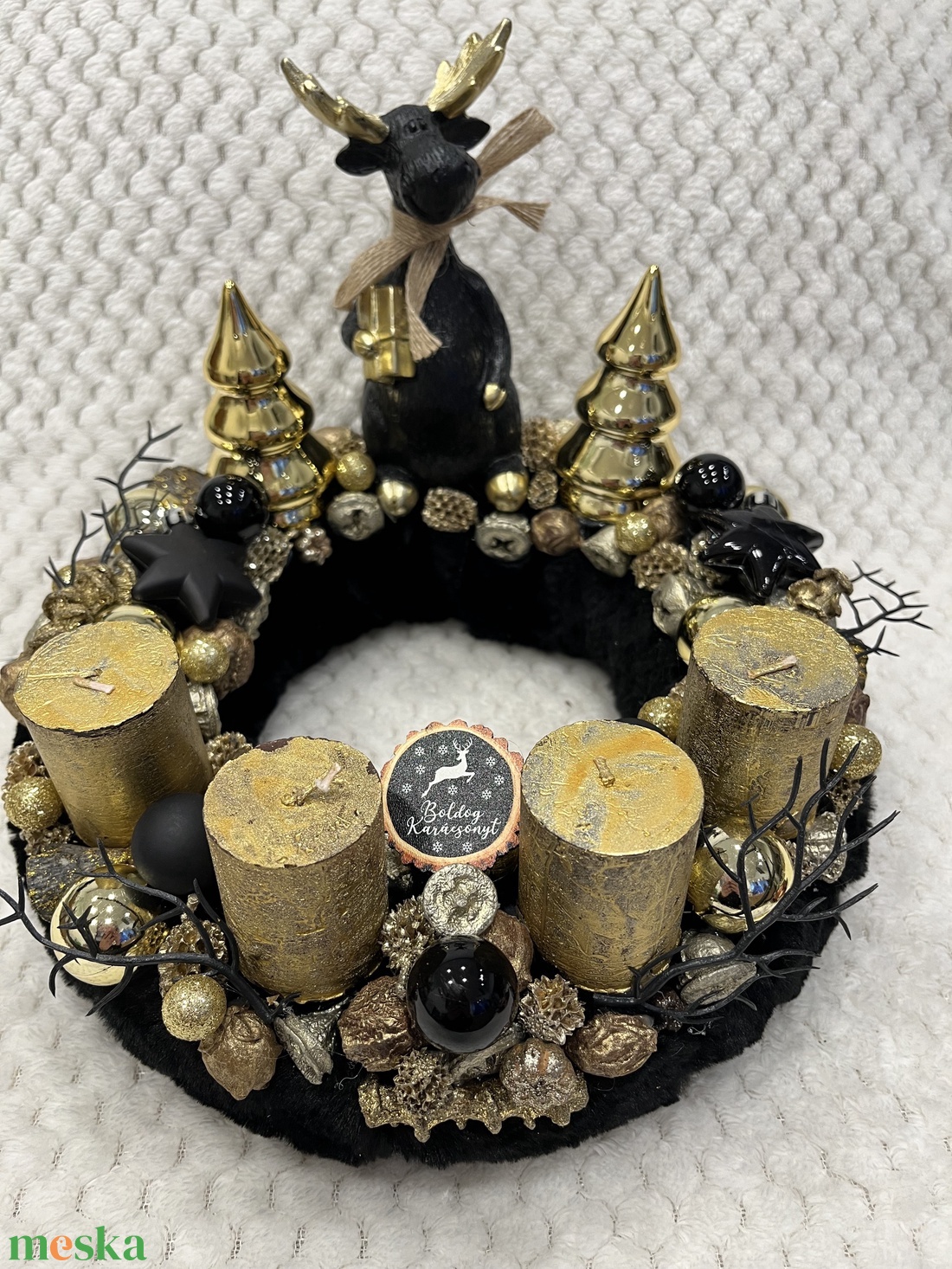 Fekete-arany, szarvasos adventi koszorú - karácsony - adventi díszek - adventi koszorú - Meska.hu