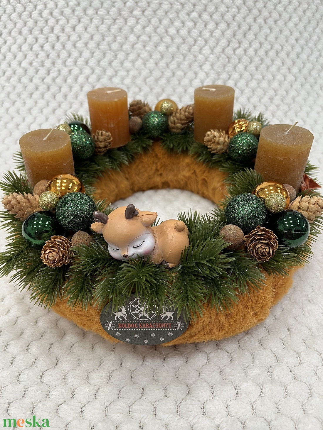 Barna-zöld, őzikés adventi koszorú - karácsony - adventi díszek - adventi koszorú - Meska.hu