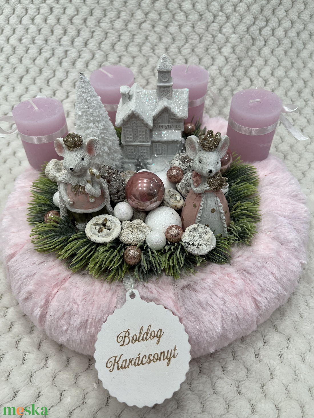 Rózsaszín, egérkés adventi koszorú - karácsony - adventi díszek - adventi koszorú - Meska.hu