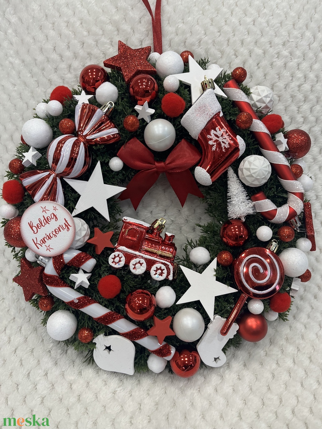 Piros-fehér kopogtató - karácsony - adventi díszek - adventi ajtódísz - Meska.hu