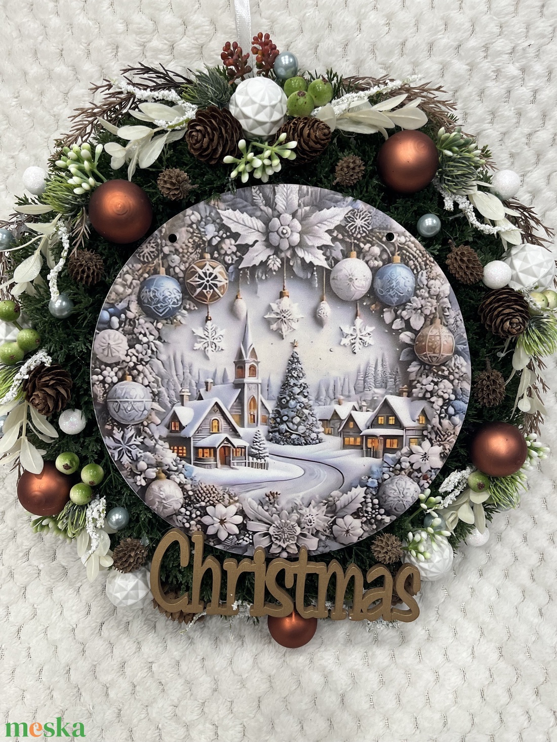 Téli falus, fehér-barna kopogtató - karácsony - adventi díszek - adventi ajtódísz - Meska.hu