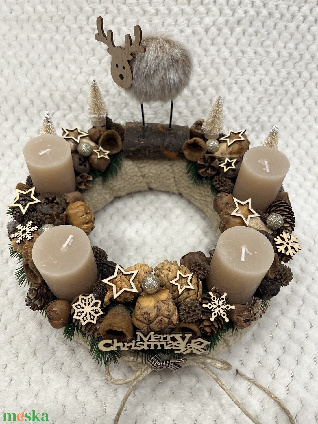 Drapp-barna, szarvasos adventi koszorú - karácsony - adventi díszek - adventi koszorú - Meska.hu