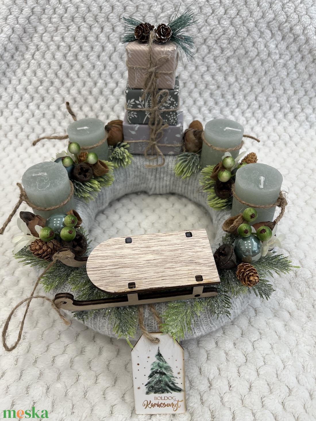 Szürke-barna, szánkós adventi koszorú - karácsony - adventi díszek - adventi koszorú - Meska.hu