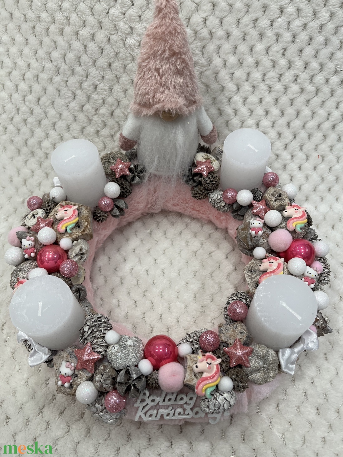 Fehér-rózsaszín, unikornisos, manós adventi koszorú - karácsony - adventi díszek - adventi koszorú - Meska.hu