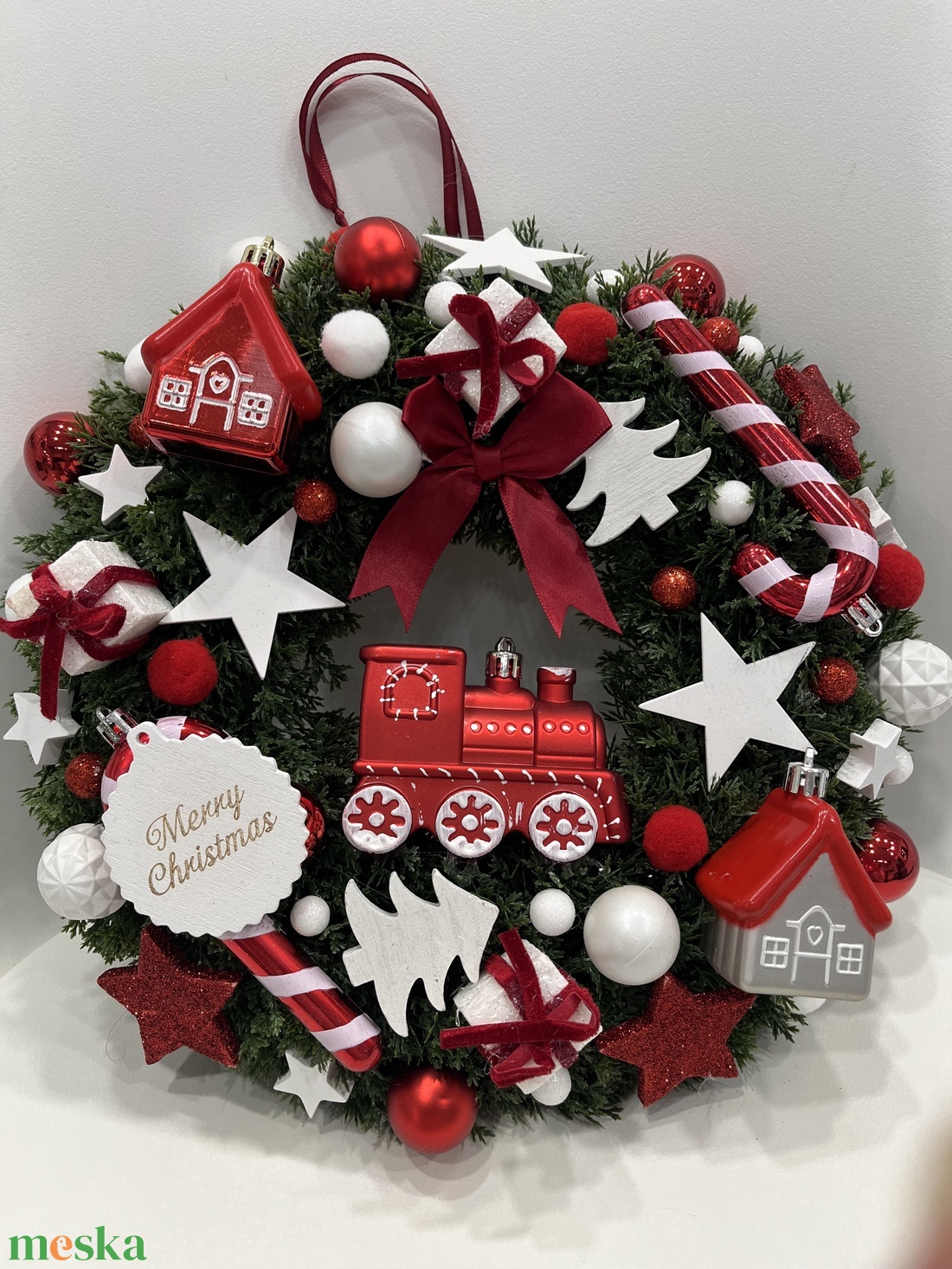 Piros-fehér kopogtató - karácsony - adventi díszek - adventi ajtódísz - Meska.hu