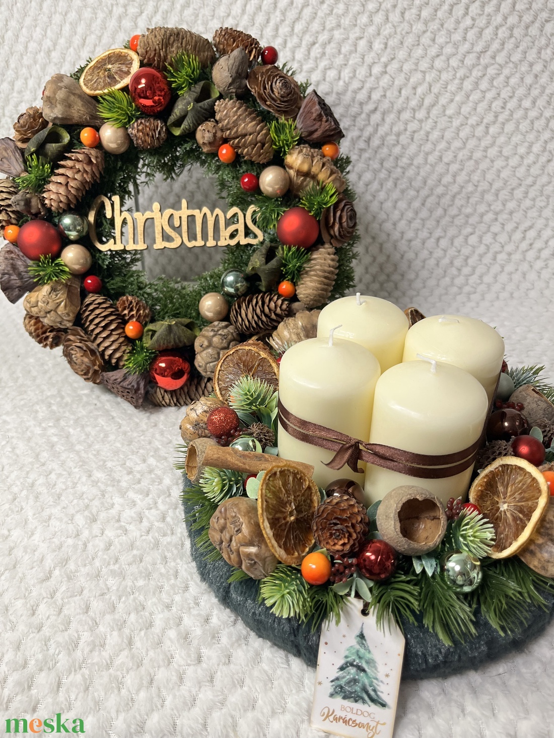 Klasszikus adventi koszorú és kopogtató szett - karácsony - adventi díszek - adventi ajtódísz - Meska.hu