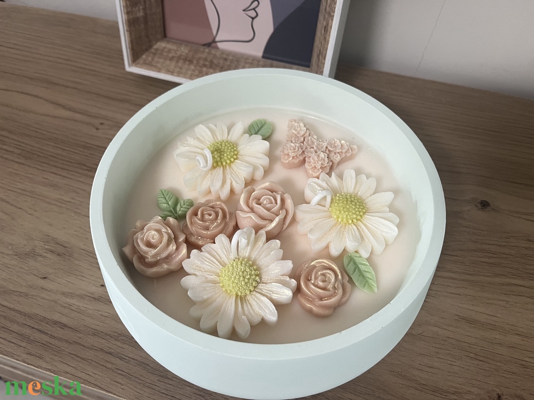 Virágos szójaviasz gyertya tálban - otthon & életmód - gyertya, illat, aroma - gyertya - Meska.hu