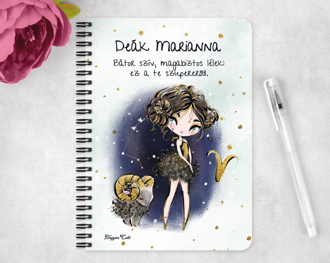 Személyre szabható - Barna hajú Csini Kos lány mintás A5-ös füzet - otthon & életmód - papír, írószer - jegyzetfüzet & napló - Meska.hu