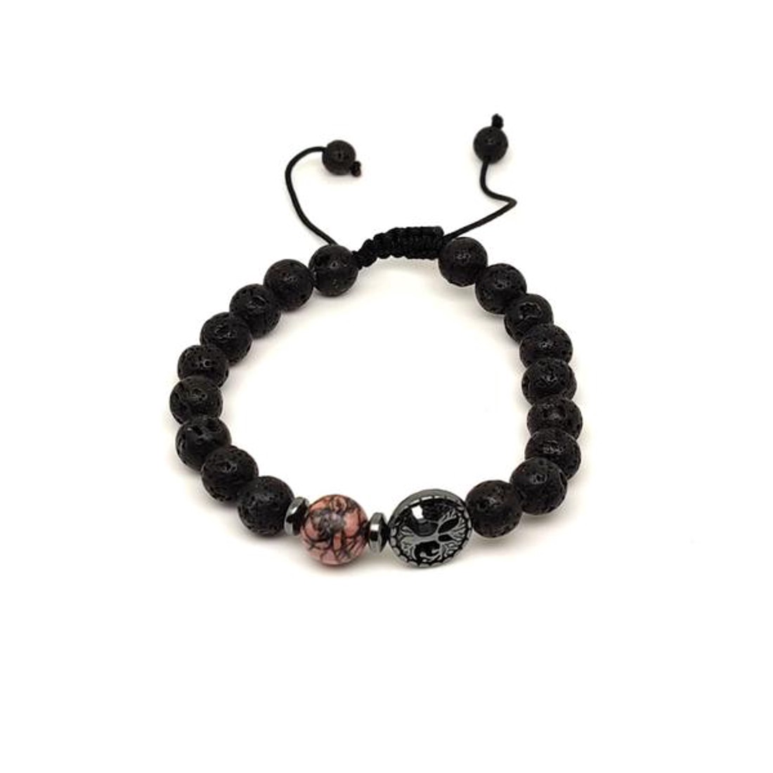Bazalt életfa karkötő Rodonit gyönggyel 8 mm - ékszer - karkötő - ásványkarkötő - Meska.hu