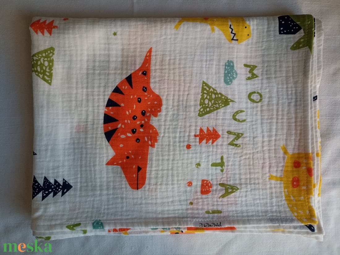 Nyári muszlin kánikula ovistakaró duplagéz gyerektakaró 100x130 cm színes dínós  - otthon & életmód - babaszoba, gyerekszoba - babatakaró, gyerek pléd - Meska.hu