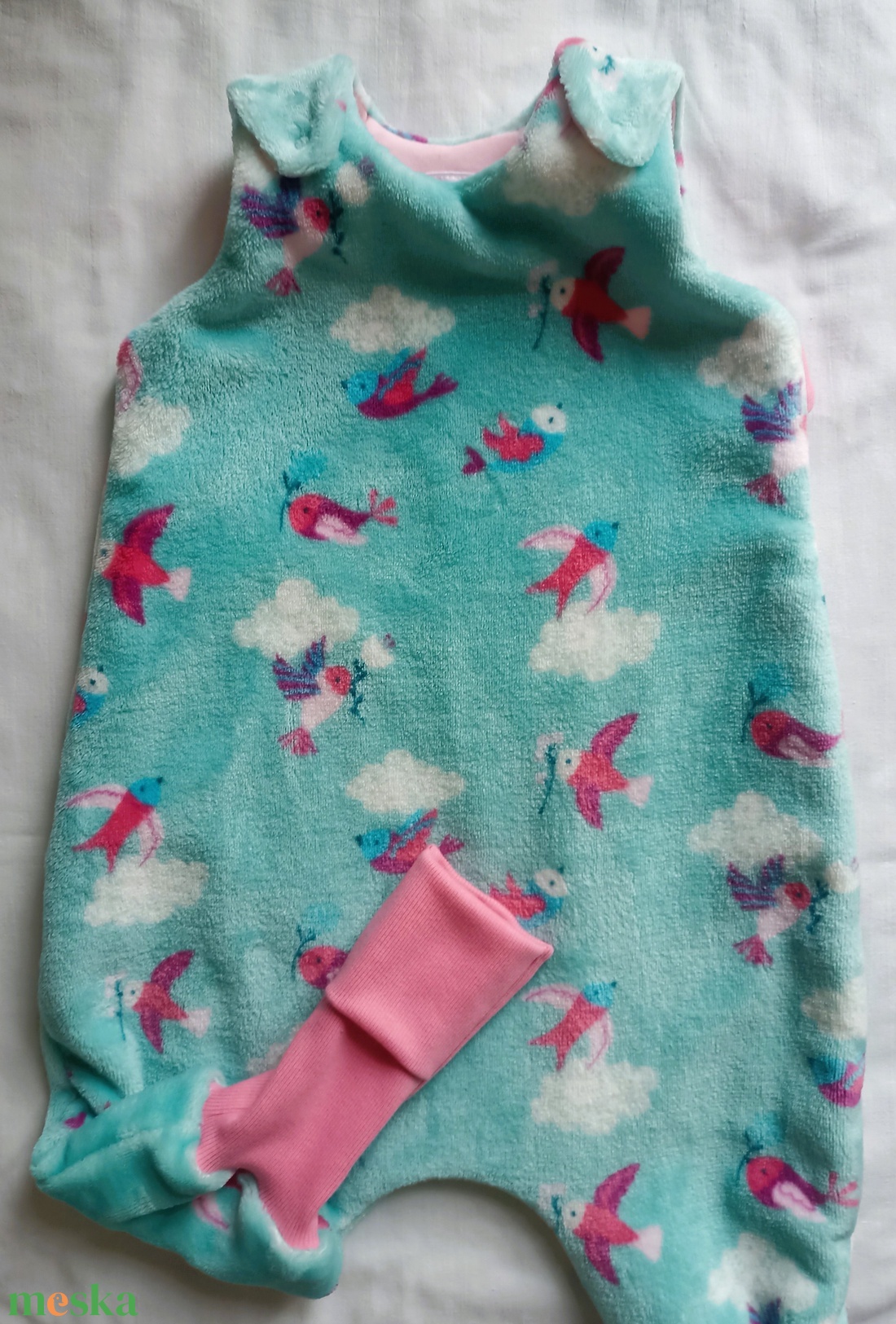 74-80-86-os Őszi téli tipegő hálózsák wellsoft + vékony pamut 20-23 fok menta madárkás - baba - mama - babaruházat - tipegőhálózsák - Meska.hu