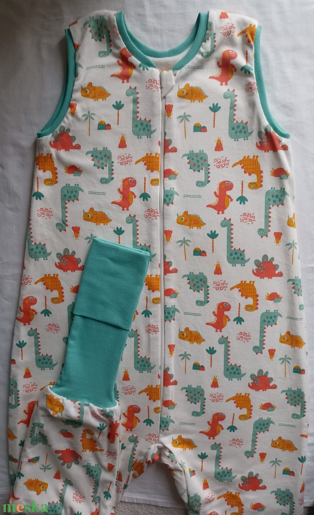 134-140-146-os Őszi téli tipegő hálózsák átmenti pamut menta narancs dínós - baba - mama - babaruházat - tipegőhálózsák - Meska.hu