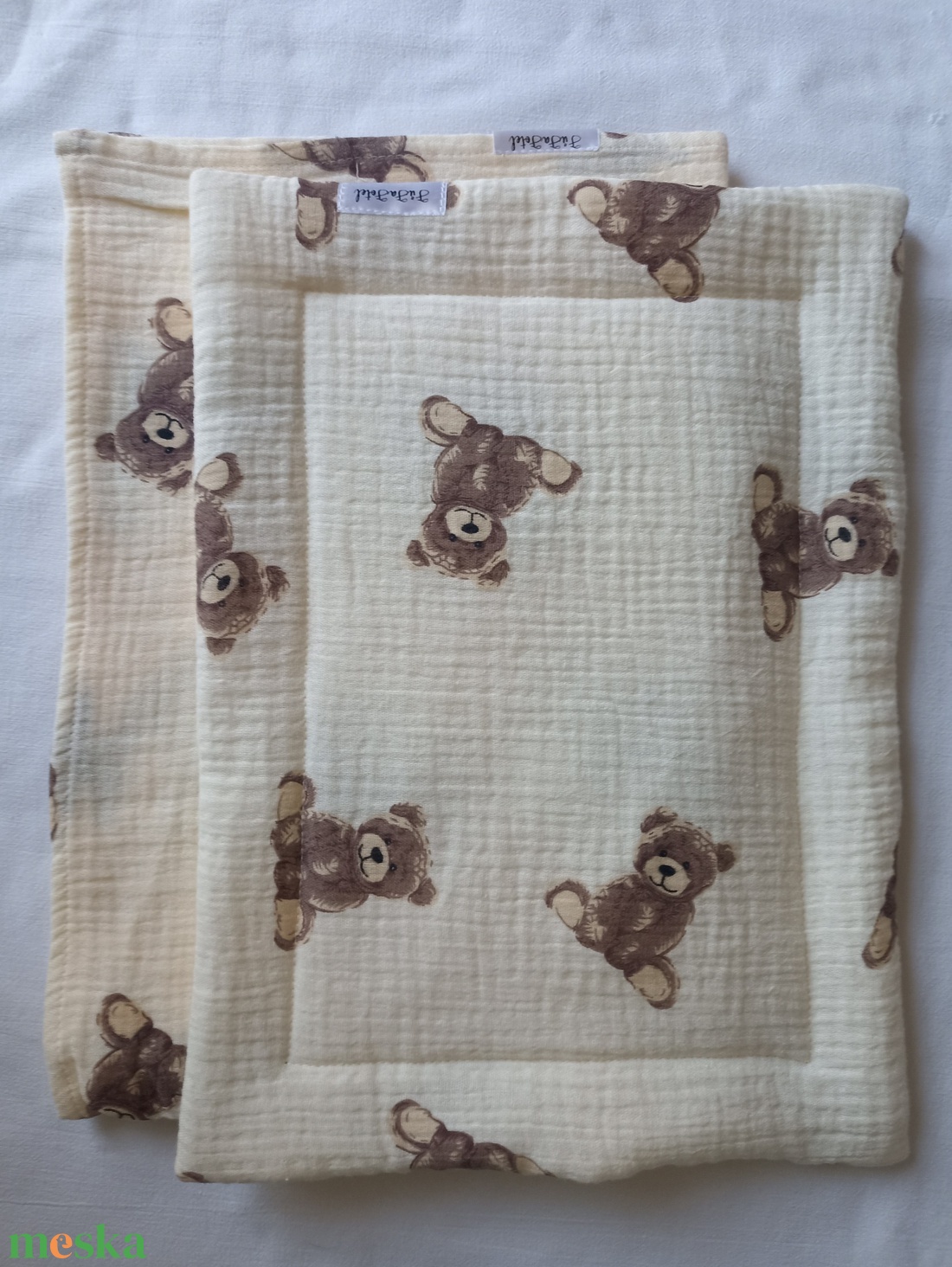 Nyári muszlin babaágynemű takaró + lapos párnácska kánikula duplagéz gyerektakaró 70x90 cm macis - baba - mama - baba ágynemű - szett kiságyba - Meska.hu
