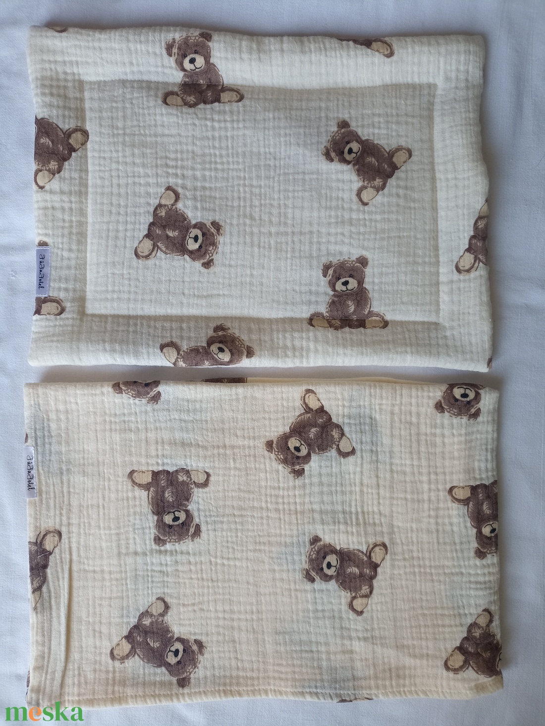 Nyári muszlin babaágynemű takaró + lapos párnácska kánikula duplagéz gyerektakaró 70x90 cm macis - baba - mama - baba ágynemű - szett kiságyba - Meska.hu