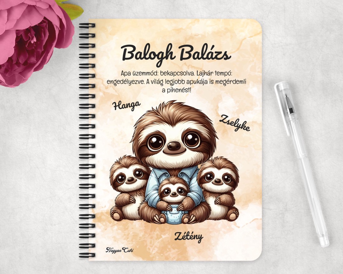 Személyre szabható - Cuki lajhár Apa és három kis lajhár mintás A6-os füzet - otthon & életmód - papír, írószer - jegyzetfüzet & napló - Meska.hu