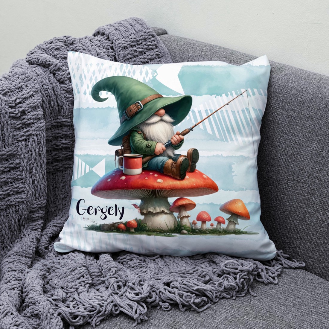 Névvel kérhető - Gombás horgász manó mintás párna - otthon & életmód - lakástextil - párna & párnahuzat - díszpárna (belsővel együtt) - Meska.hu