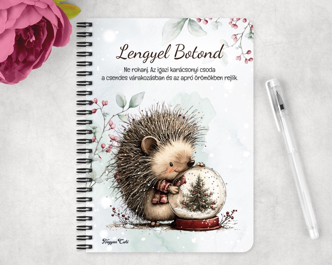 Személyre szabható - Cuki téli süni és a hógömb mintás A6-os füzet - otthon & életmód - papír, írószer - jegyzetfüzet & napló - Meska.hu