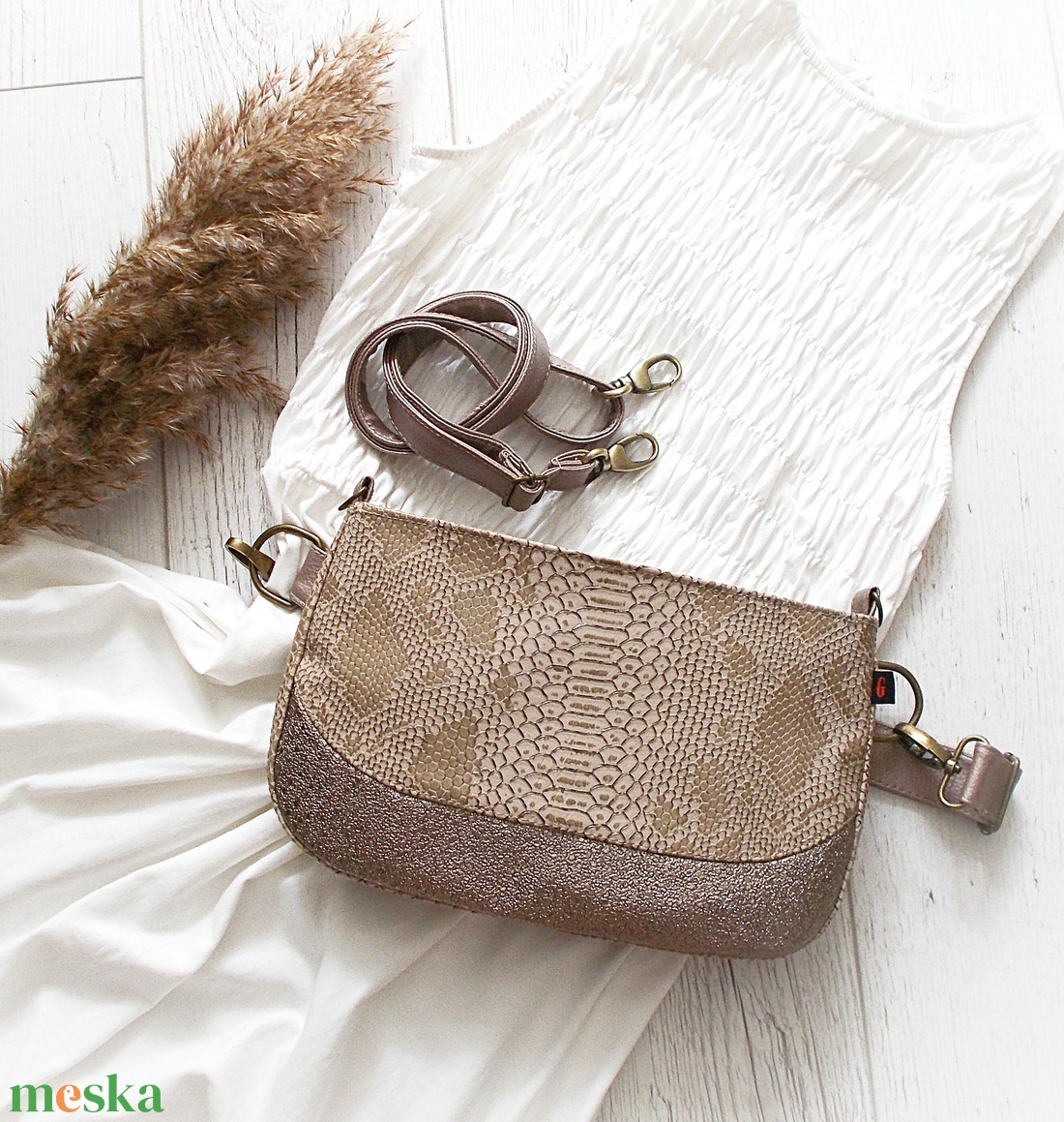 beige-bronz övtáska /válltáska többfunkciós táska - táska & tok - övtáska - Meska.hu